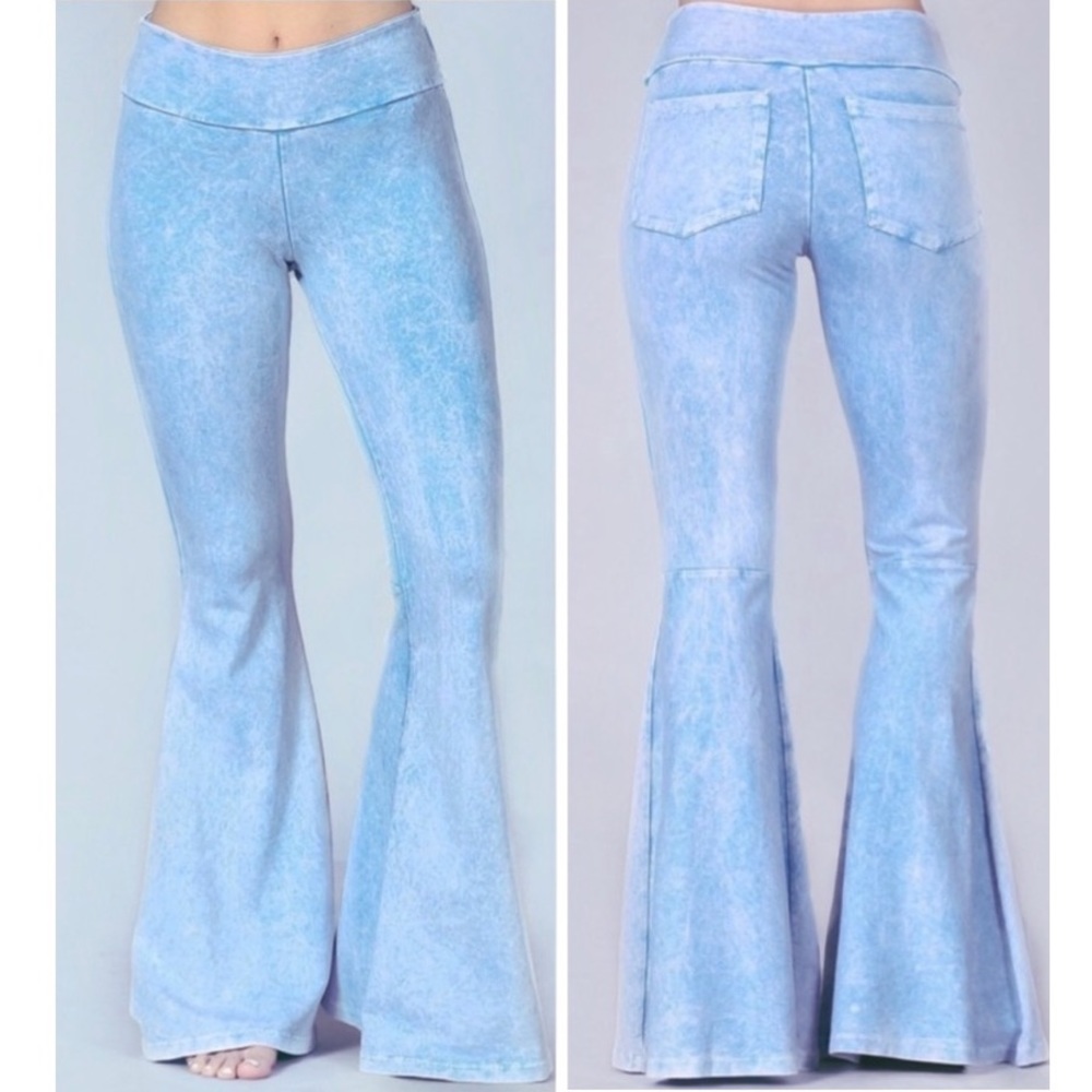 SOFT BLUE WASH MINERAL WASHED FLARE BELL BOTTOM PANTS